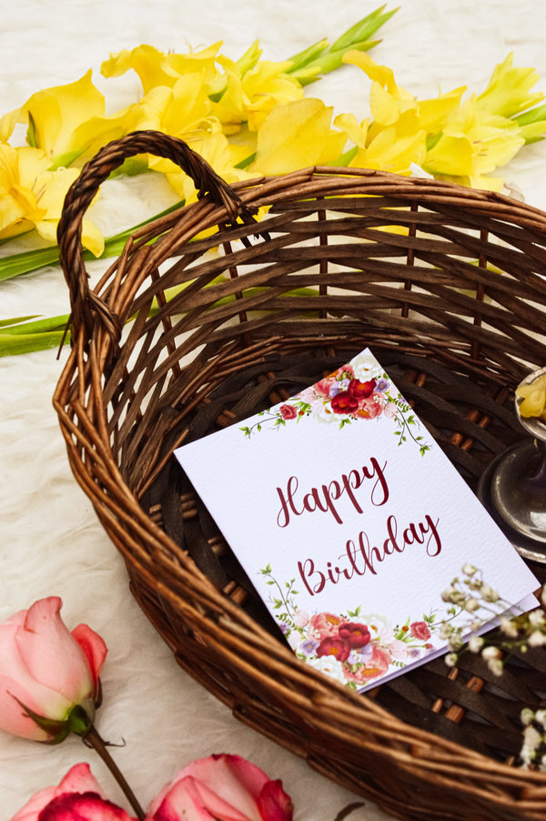 Floral Elegance – Happy Birthday Card Maroon